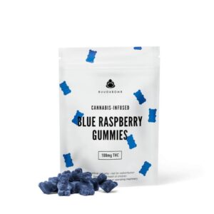 Buudabomb Blue Raspberry 100mg THC gummies with mild cannabis effects and bold flavor