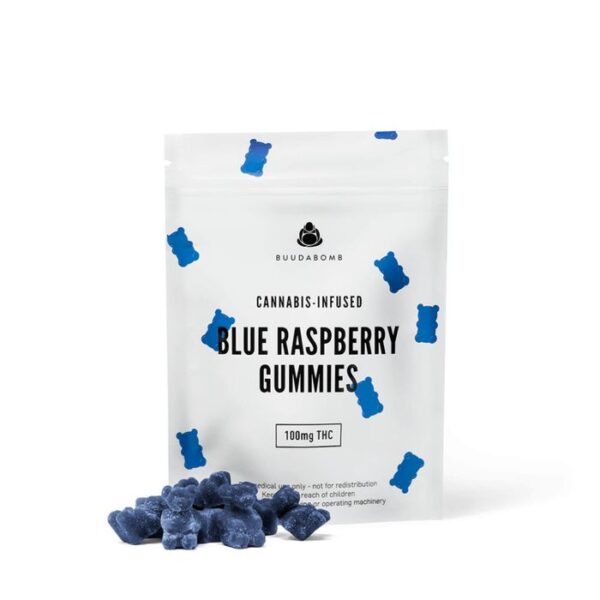 Buudabomb Blue Raspberry 100mg THC gummies with mild cannabis effects and bold flavor
