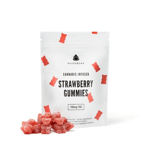 Strawberry Buudabomb THC edibles with low-dose potency and soft berry sweetness