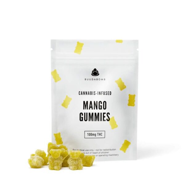 Mango Buudabomb edibles with 10mg THC per gummy and tropical fruit flavor