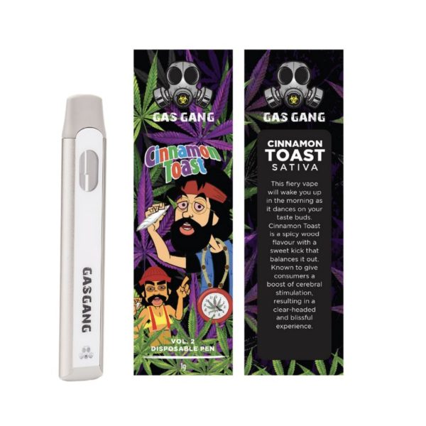 Gas gang cinnamon toast disposable vape pen. containes 1ML THC distillate. available for same day weed delivery and mail order weed