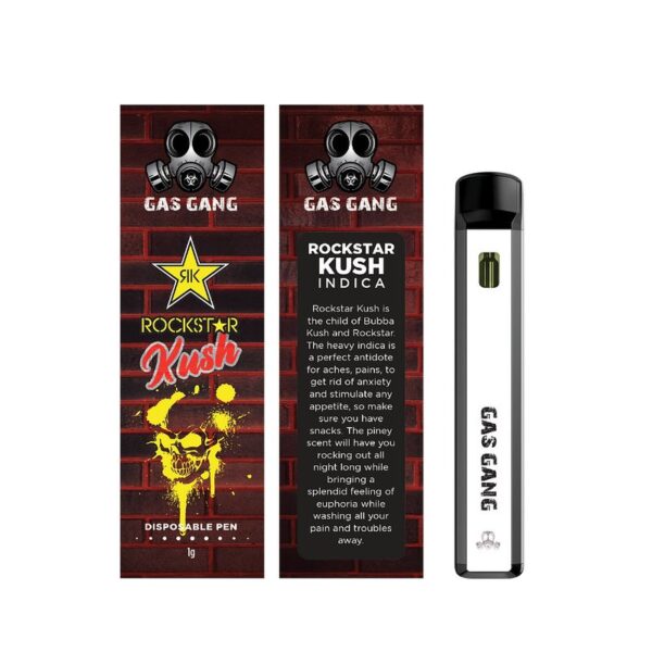Gas gang rockstar kush disposable vape pen. containes 1ML THC distillate. available for same day weed delivery and mail order weed