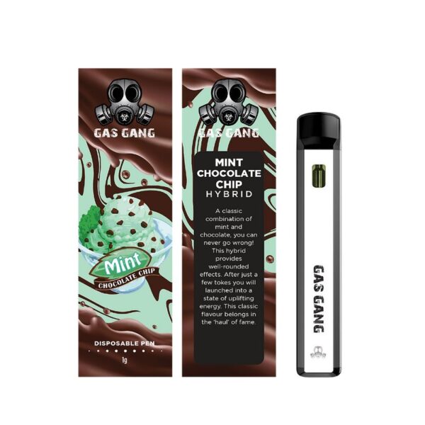 Gas gang Mint chocolate chip disposable vape pen. containes 1ML THC distillate. available for same day weed delivery and mail order weed