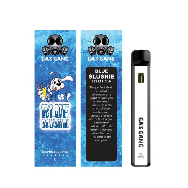 Gas gang blue slushy disposable vape pen. containes 1ML THC distillate. available for same day weed delivery and mail order weed