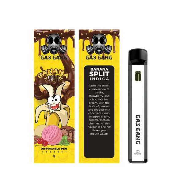 Gas gang Banana Split disposable vape pen. containes 1ML THC distillate. available for same day weed delivery and mail order weed