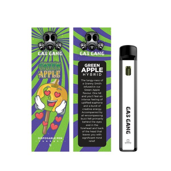 Gas gang green apple disposable vape pen. containes 1ML THC distillate. available for same day weed delivery and mail order weed