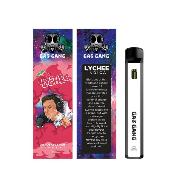 Gas gang lychee disposable vape pen. containes 1ML THC distillate. available for same day weed delivery and mail order weed
