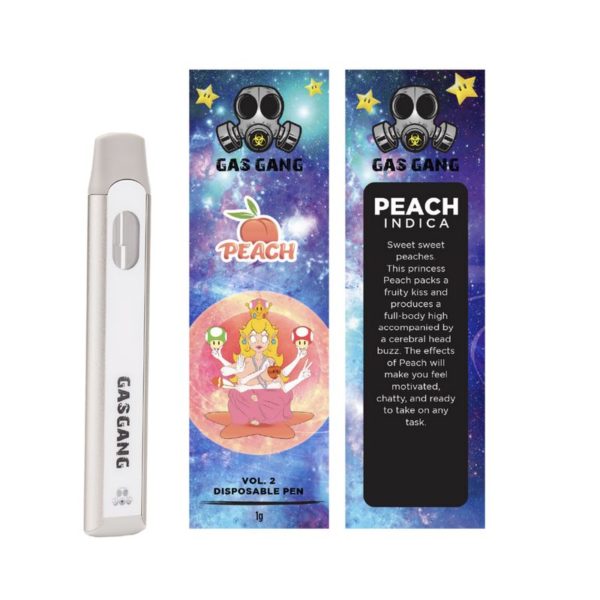 Gas gang Peach disposable vape pen. containes 1ML THC distillate. available for same day weed delivery and mail order weed