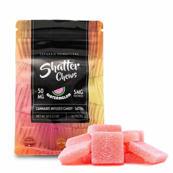 Sativa live resin 50 mg shatter chews by Euphoria Extractions watermelon shatter chews
