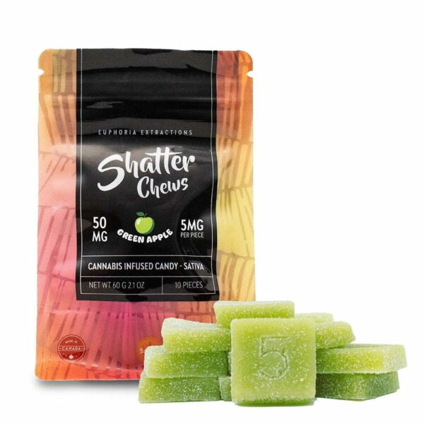 Sativa live resin 50 mg shatter chews by Euphoria Extractions green apple shatter chews