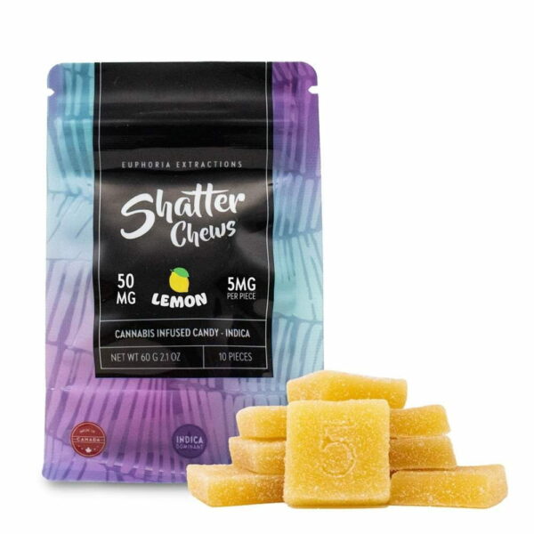 Indica live resin 5 mg shatter chews by Euphoria Extractions Lemon shatter chews