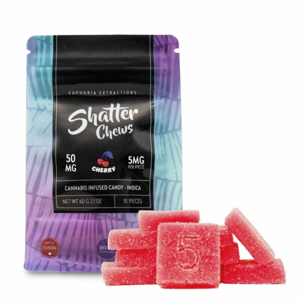 Sativa vs Indica fruit flavoured shatter chews 50mg THC Live Resin” 5. “Kamikazi exclusive Euphoria 50mg Shatter Chews product image Canada”