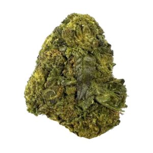 Grandpa’s Breath strain aka pbb strain featuring dense, dark olive green buds with purple undertones, covered in amber hairs and sticky resinous trichomes."