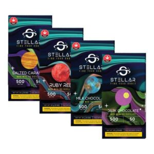 KAMIKAZI-CHOCOLATE-500MG Stellar 500mg THC Dark Chocolate Bar packaging" "Assorted flavors of Stellar 500mg THC Chocolate Bars"