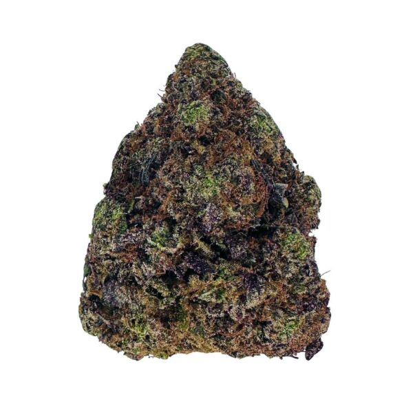 "Close-up of Purple Moonrocks strain featuring dense, kief-covered buds with deep purple hues."