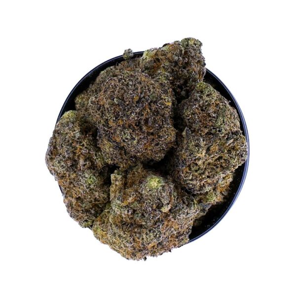 "Close-up of Purple Moonrocks strain featuring dense, kief-covered buds with deep purple hues." "Purple Moonrocks cannabis strain showcasing