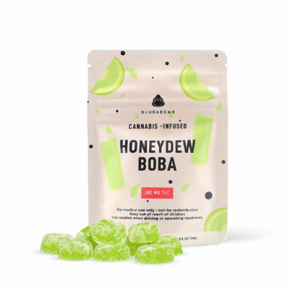 Buudabomb Honeydew Boba edibles featuring 500mg THC and tropical melon flavor