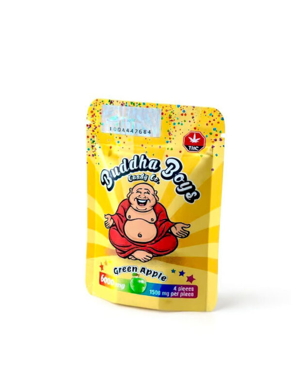 Close‑up of large Buddha Boys gummy showing crystalline sugar coating and pill‑sized potency