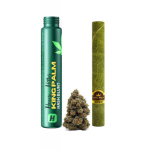 “King Palm hash blunt rolled in natural palm‑leaf with corn husk filter sealed in a glass tube” “Close‑up of premium hash blunt showing dense flower and glossy palm‑leaf wrap” “Heavy Hitters 1.5 g hash blunt in sleek airtight glass tube packaging” “Slow-burning palm‑leaf blunt with premium BC cannabis and filter tip”