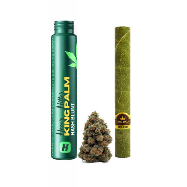“King Palm hash blunt rolled in natural palm‑leaf with corn husk filter sealed in a glass tube” “Close‑up of premium hash blunt showing dense flower and glossy palm‑leaf wrap” “Heavy Hitters 1.5 g hash blunt in sleek airtight glass tube packaging” “Slow-burning palm‑leaf blunt with premium BC cannabis and filter tip”