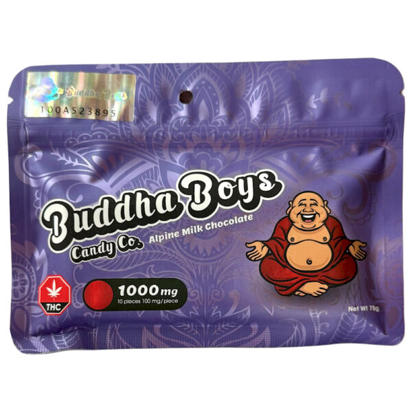 1000 mg Buddha Boys chocolate bar segmented into ten 100 mg THC squares”