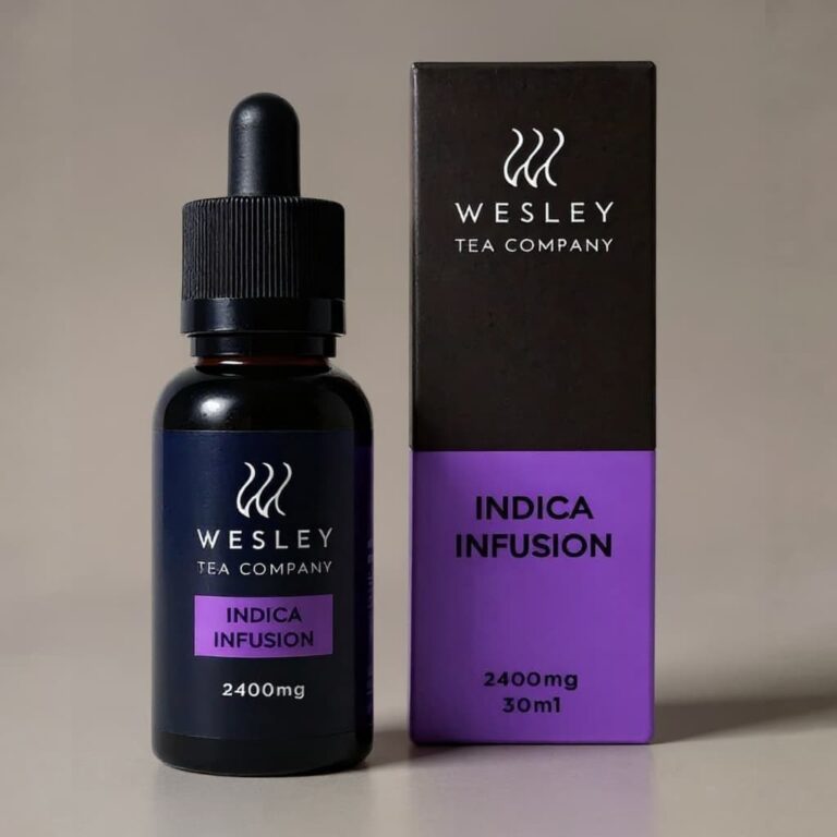 2400 mg THC Indica tincture bottle by Wesley Tea infused with live resin for relaxation