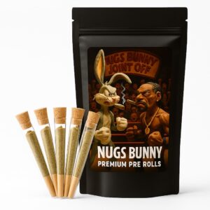Premium prerolls Toronto — NUGS Bunny 5×0.8 g quads in glass tubes, sealed in a foil pouch. NUGS Bunny premium prerolls — 5×0.8 g quad flower in glass tubes