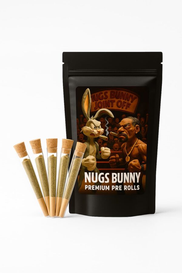 Premium prerolls Toronto — NUGS Bunny 5×0.8 g quads in glass tubes, sealed in a foil pouch. NUGS Bunny premium prerolls — 5×0.8 g quad flower in glass tubes